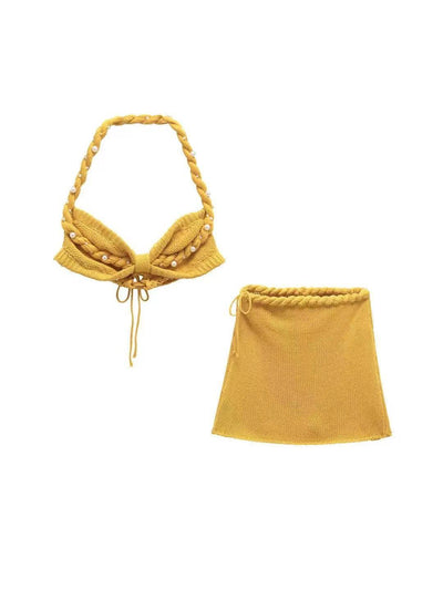 Mustard Knit Halter Bralette and Mini Skirt Co‑ord Set