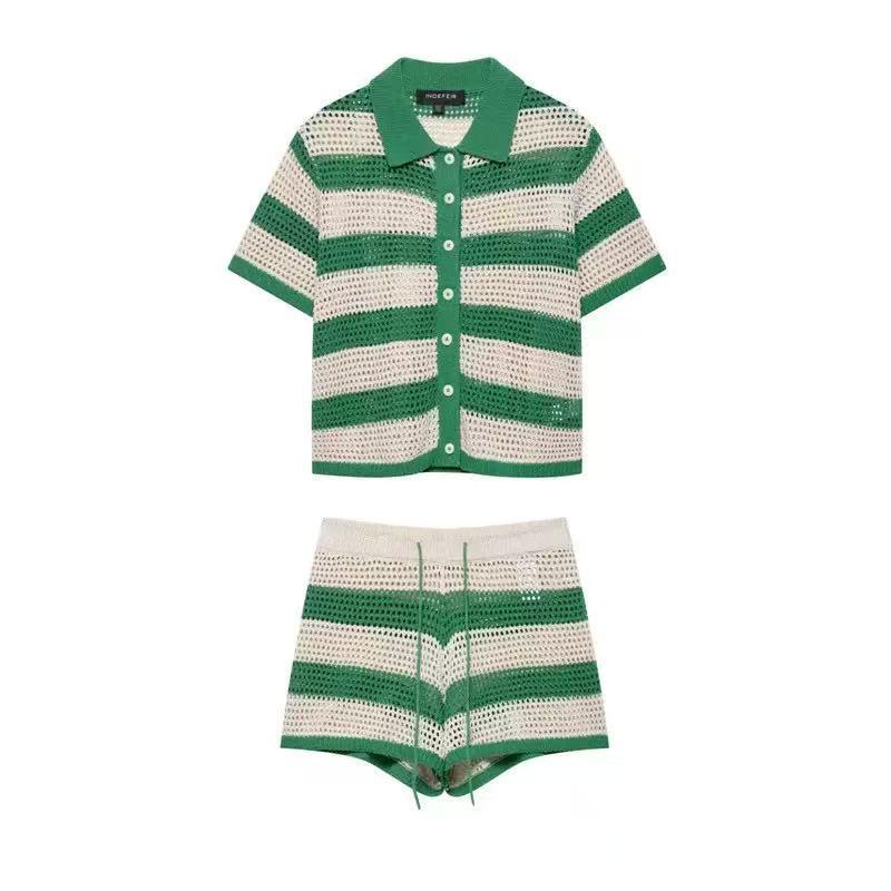 Malibu Stripe Co-ord Set by EXCLUSIVES: green and beige striped knit polo top with matching shorts