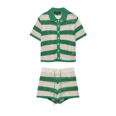 Malibu Stripe Co-ord Set by EXCLUSIVES: green and beige striped knit polo top with matching shorts