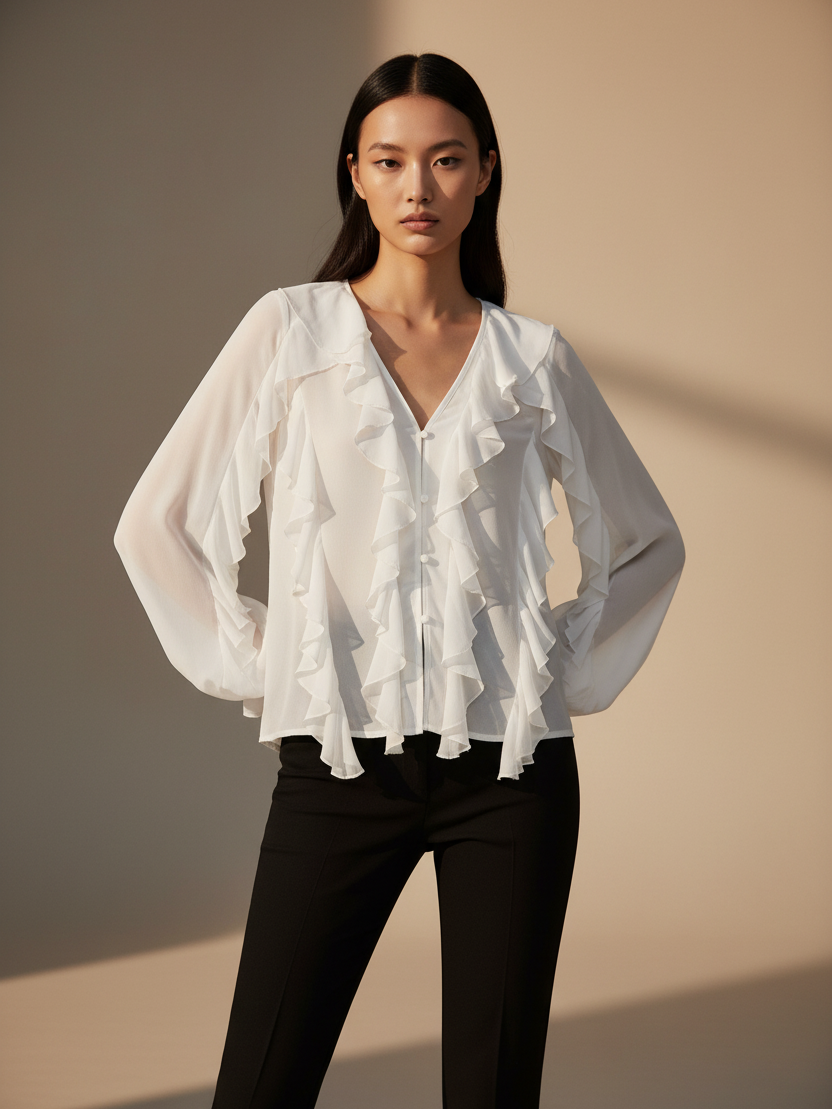 Ruffles V-Neck Full-Sleeve Top blouse in white by Exclusives, on sale