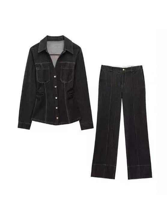 Black Denim Shirt and Straight‑Leg Pants Co‑Ord Set