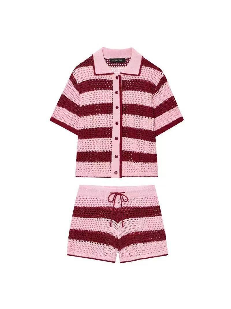 Malibu Stripe Co-ord Set, pink and burgundy knit 2pc outfit by EXCLUSIVES, striped top with shorts