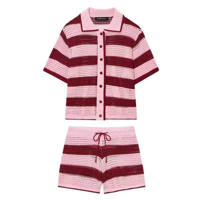 Malibu Stripe Co-ord Set, pink and burgundy knit 2pc outfit by EXCLUSIVES, striped top with shorts