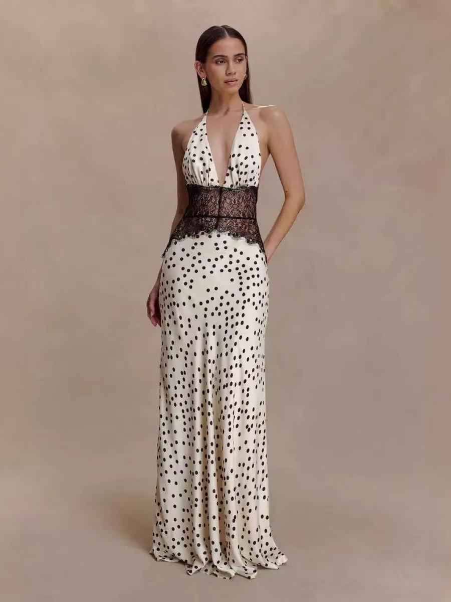 Polka Dot Lace Waist Halter Maxi Dress