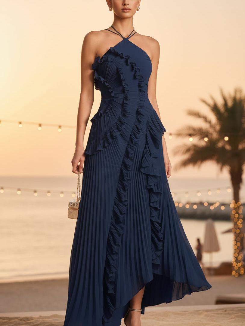 Pleated ruffle halter high-low dress in navy, on sale.