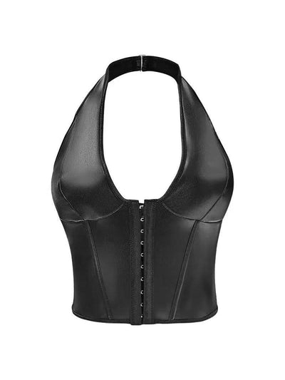 Black faux-leather halter-neck corset top with curved panel seams and front hook-and-eye busk closure.