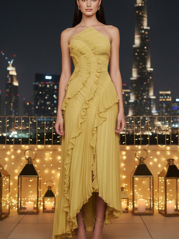 Pleated Ruffle Halter High-Low Dress, yellow, Exclusives, on sale