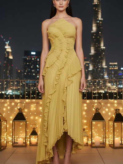 Pleated Ruffle Halter High-Low Dress, yellow, Exclusives, on sale