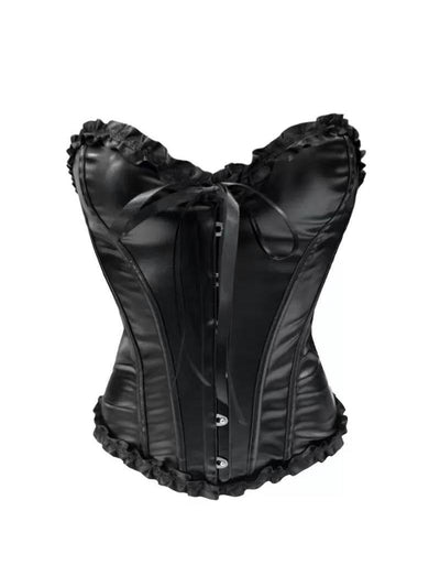 Shiny black faux-leather corset with ruffled trim along the neckline and hem, front busk closures, and a lace-up ribbon at the top