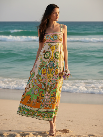 Sundress Ivory Vintage Print Midi Dress by Exclusives, multicolor paisley pattern.