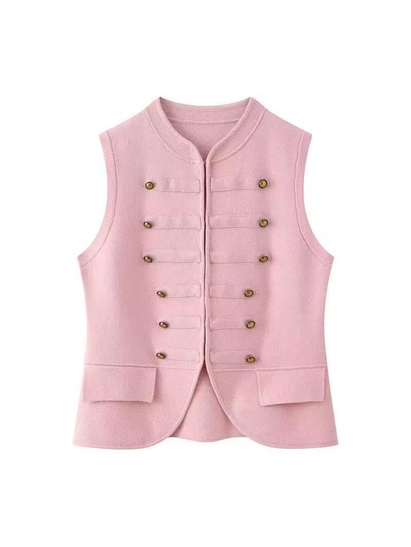Regal Brass Button Vest Top, pink sleeveless vest with two rows of brass buttons