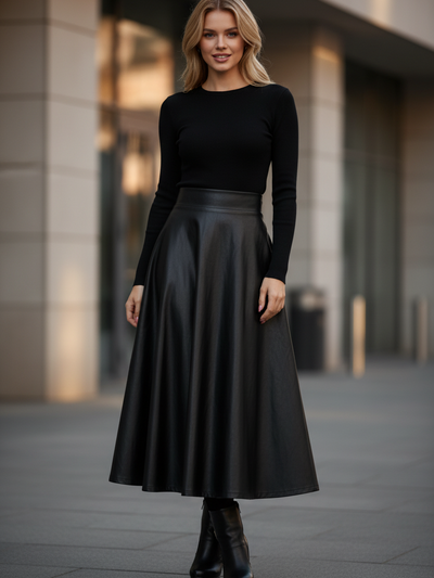Blonde woman in a black long-sleeve top and glossy faux leather flared maxi skirt, outdoors in an urban setting.