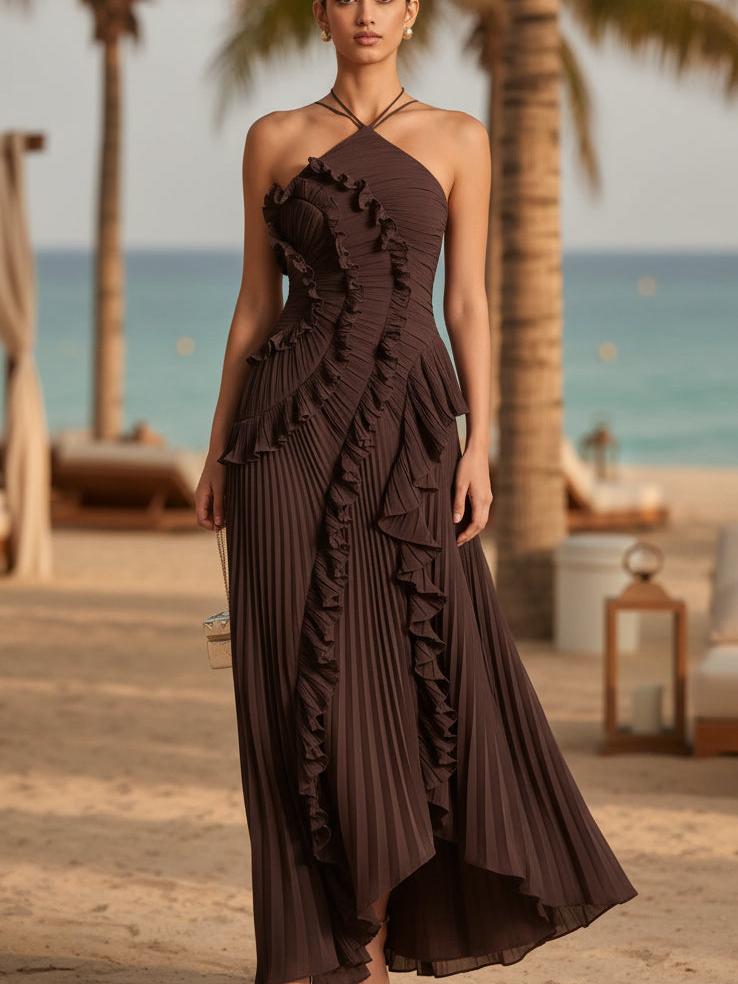Pleated Ruffle Halter High-Low Dress by Exclusives, dark brown, on sale