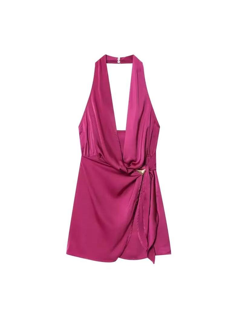 Magenta satin halter mini dress with a draped deep V neckline and side wrap tie.
