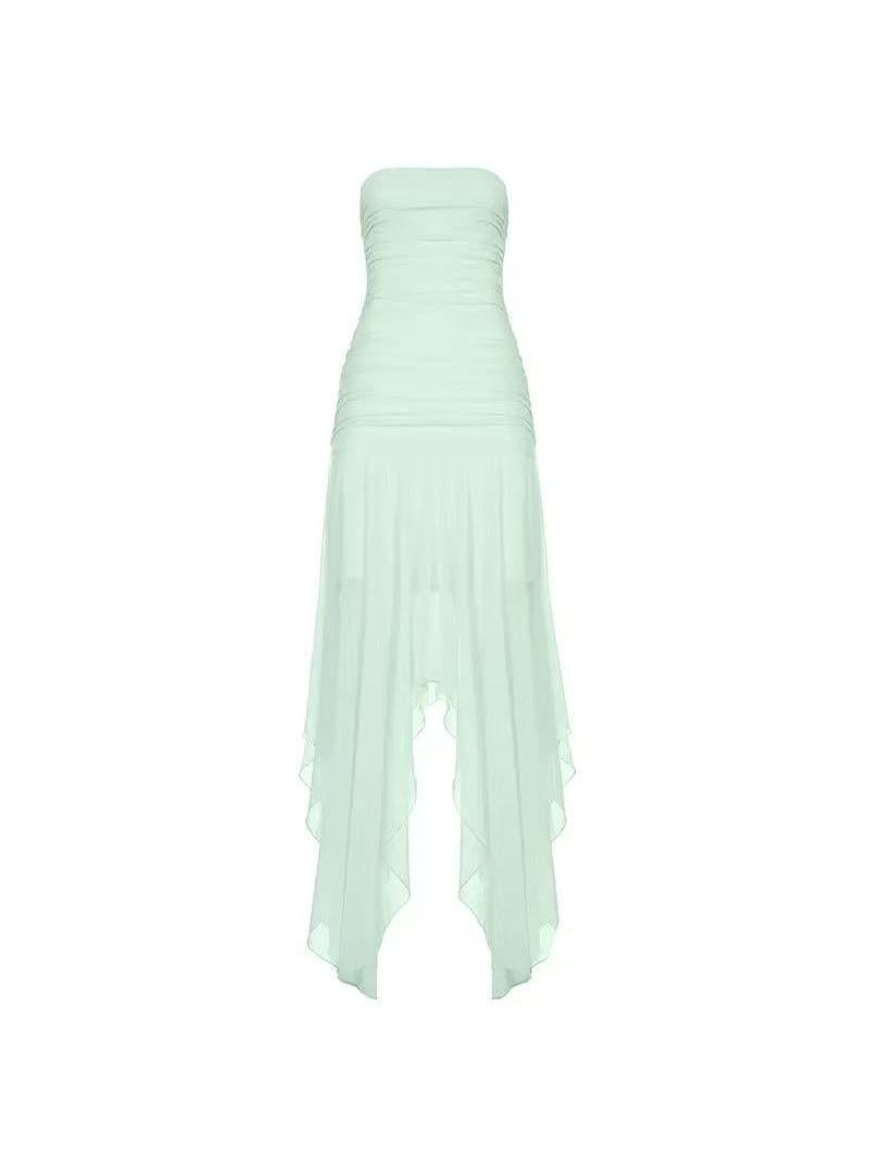 Mint Green Strapless Ruched Hanky‑Hem Chiffon Dress