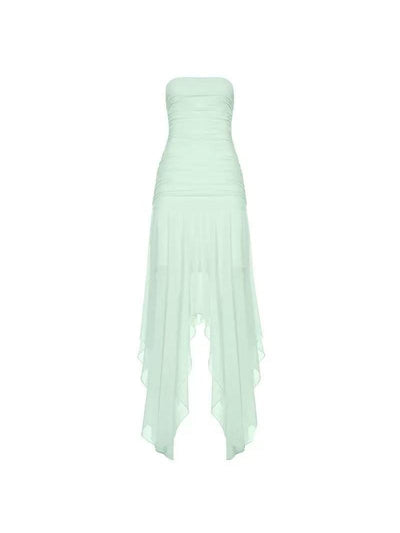 Mint green strapless chiffon dress with ruched bodice and flowing handkerchief hem.