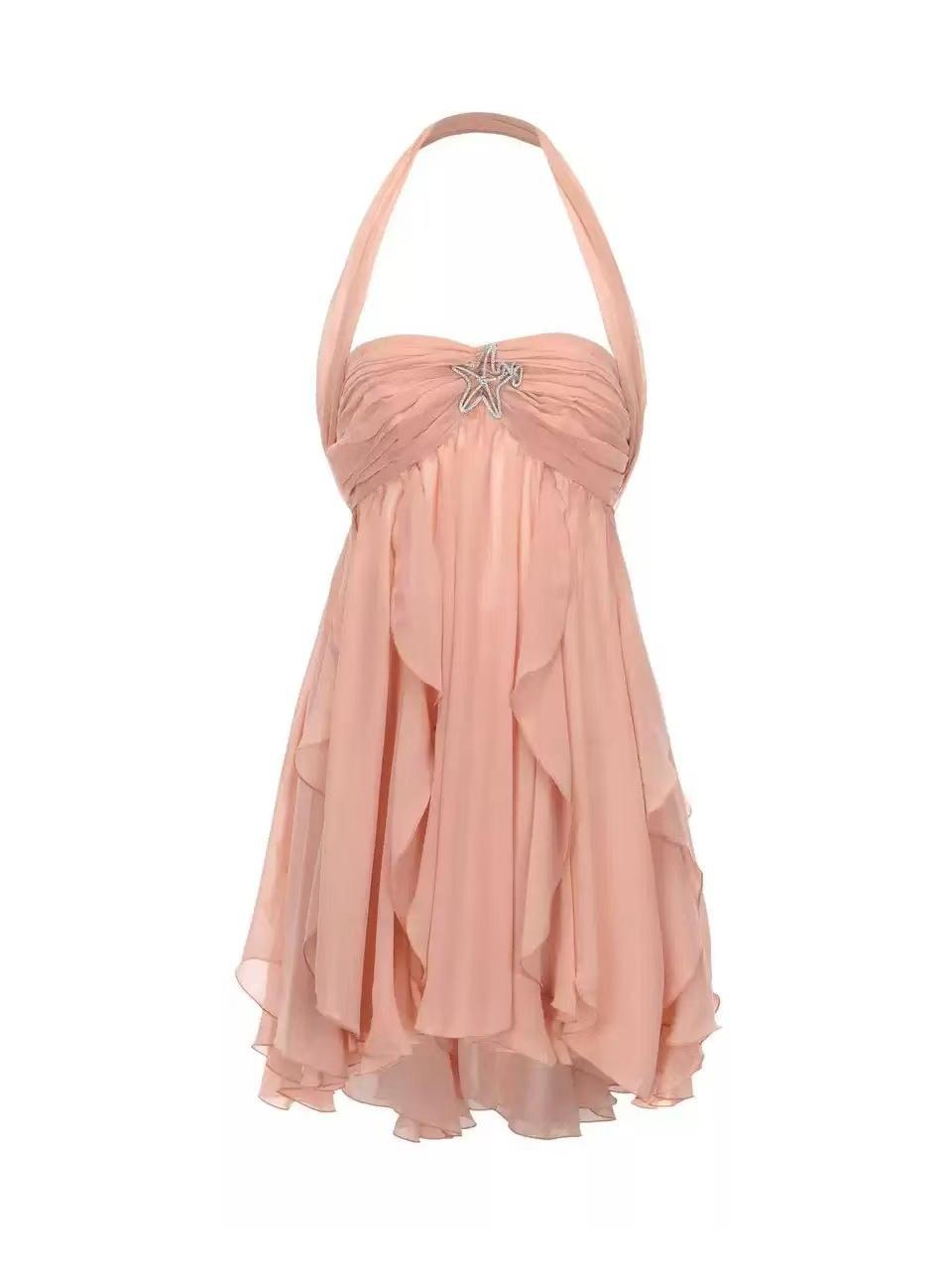 Halterneck Starfish Asymmetrical Strapless Short Dress in peach chiffon by Exclusives with starfish embellishment