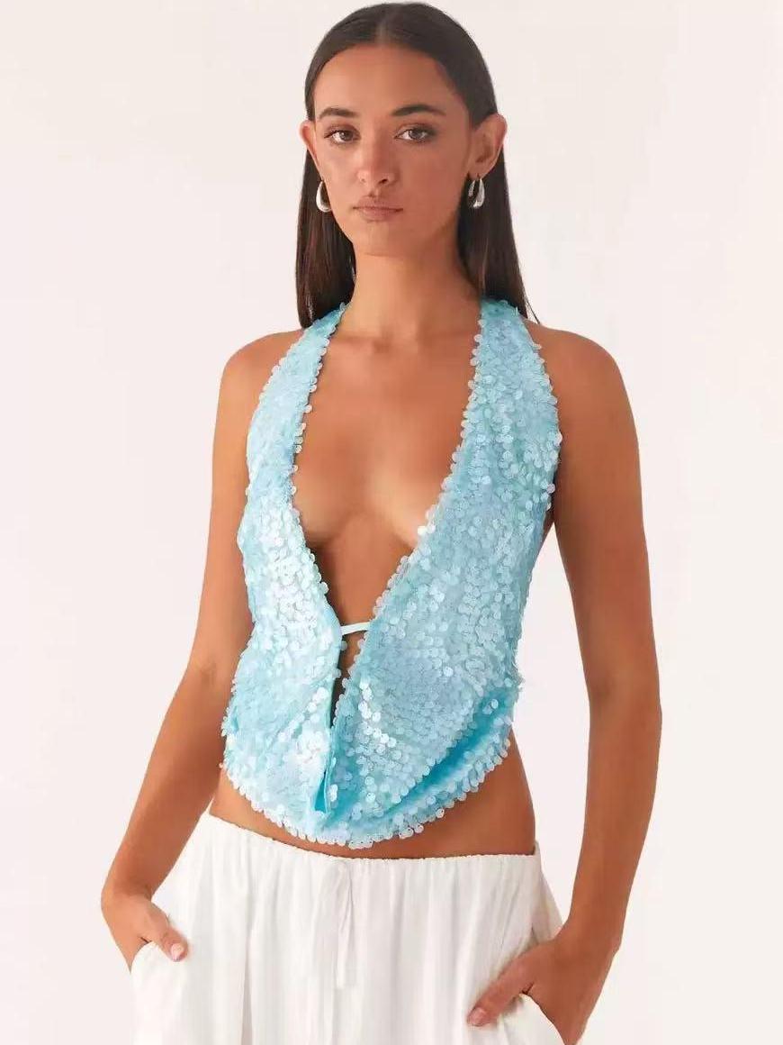 Halterneck Deep Neck Backless Sequins Vest Top