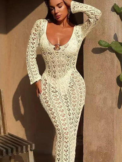 Crochet Full Sleeves See through Applique Dress