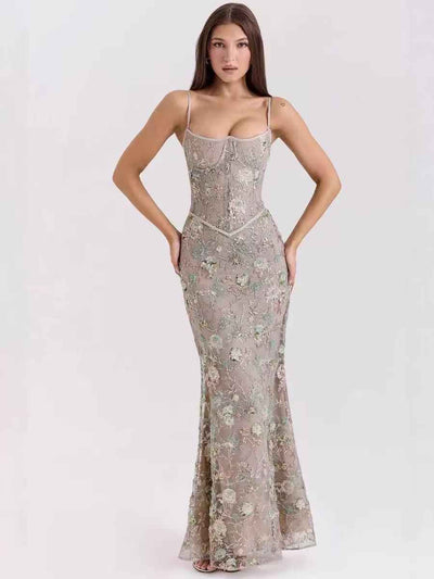 Embroidered Corset Mermaid Maxi Dress
