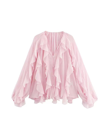 Ruffles V Neck Full Sleeve Top