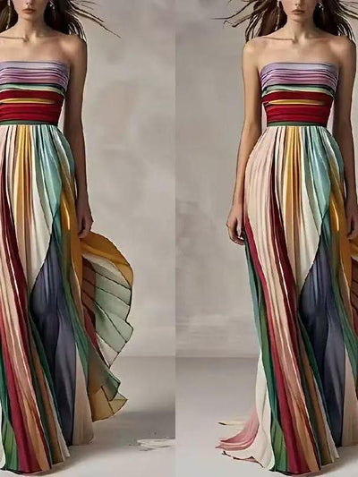 Rainbow Pleated Strapless Maxi Dress