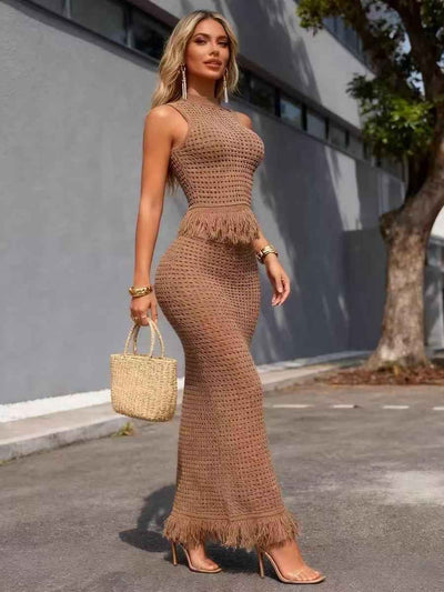 Ibiza Fringe Open-Knit Crochet Maxi Set