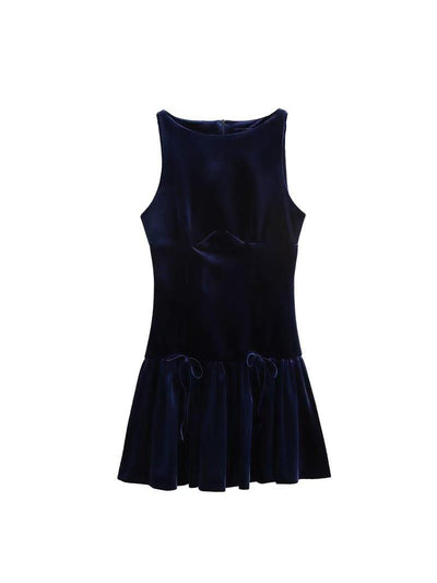 Velvet Bow Applique Sleeveless Short Dress