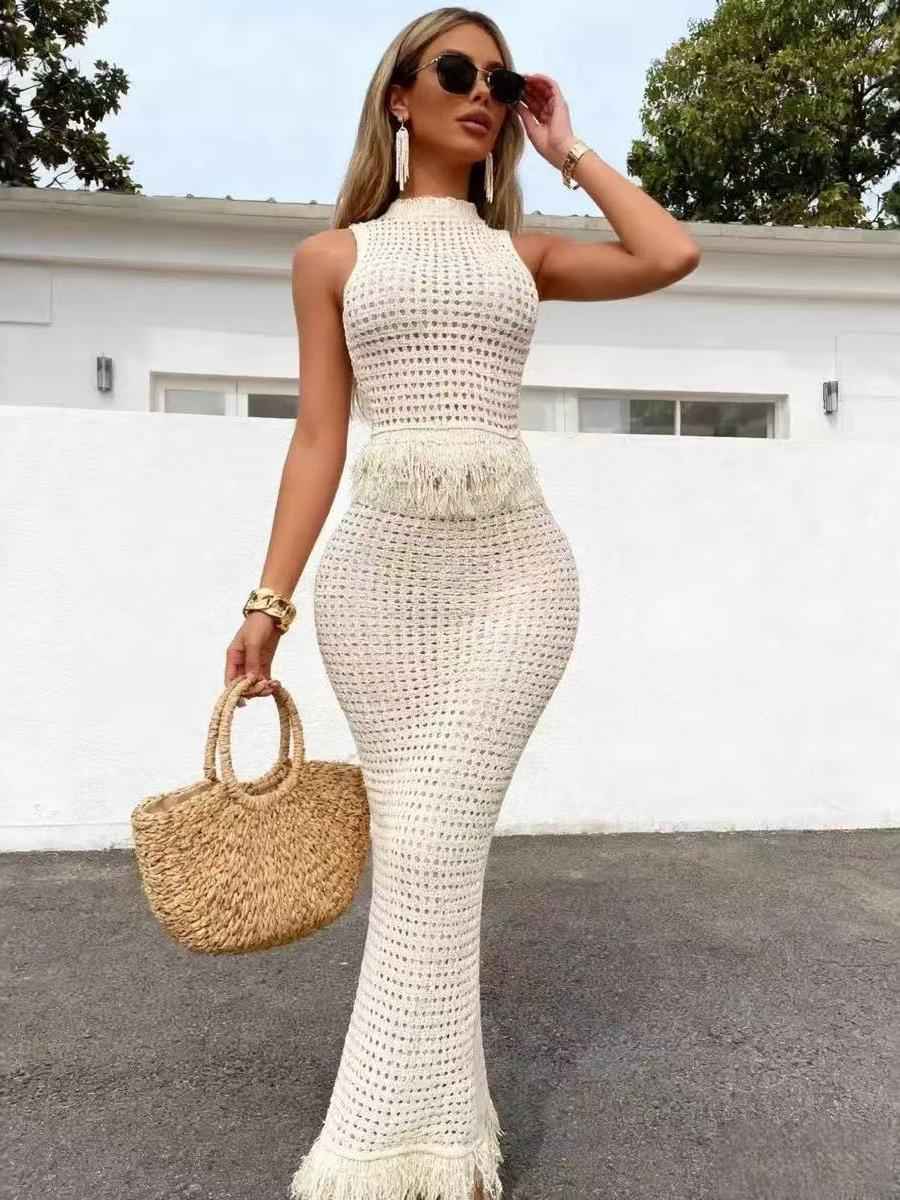 Ibiza Fringe Open-Knit Crochet Maxi Set