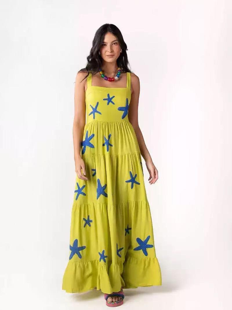Lime Yellow Starfish Embroidered Tiered Maxi Dress