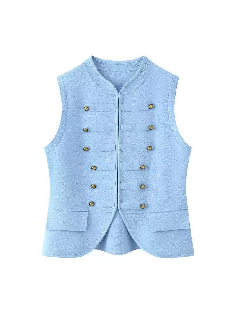 Regal Brass Button Vest Top, Exclusives light blue sleeveless vest with brass buttons