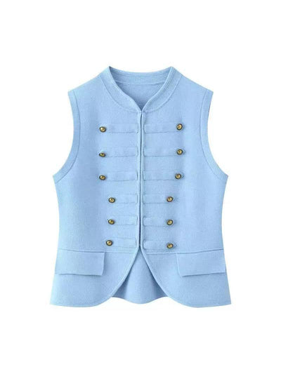 Regal Brass Button Vest Top, Exclusives light blue sleeveless vest with brass buttons