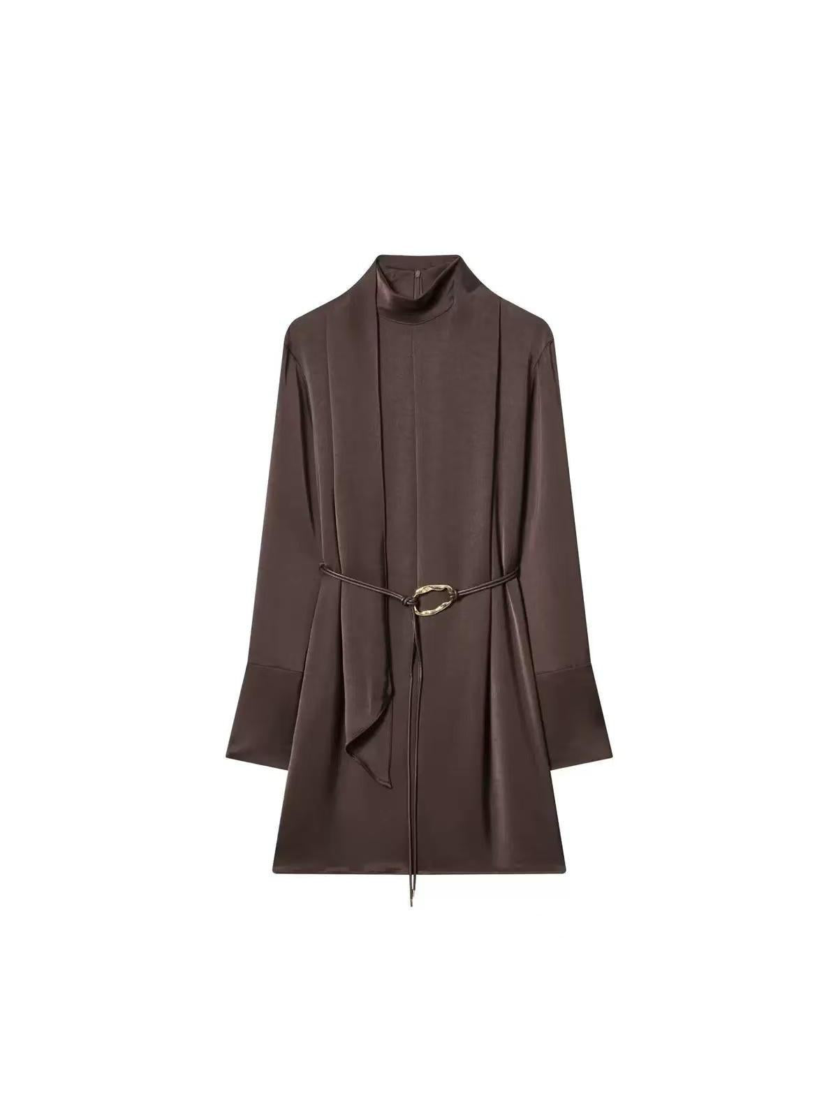 Mocha satin high-neck mini dress with rope belt by Exclusives