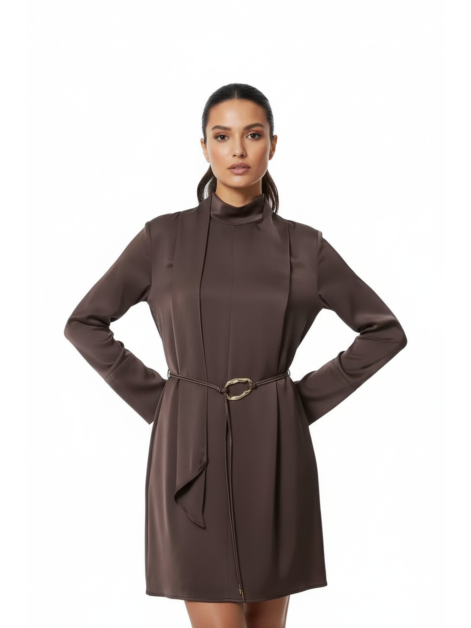 Mocha satin high-neck mini dress with rope belt, long sleeves, on sale