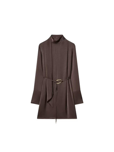 Mocha satin high-neck mini dress with rope belt by Exclusives