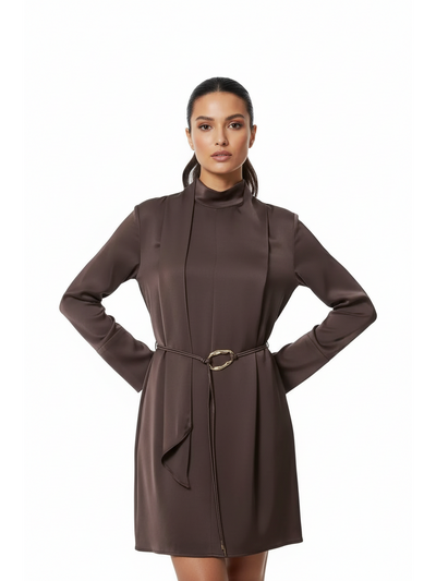 Mocha satin high-neck mini dress with rope belt, long sleeves, on sale