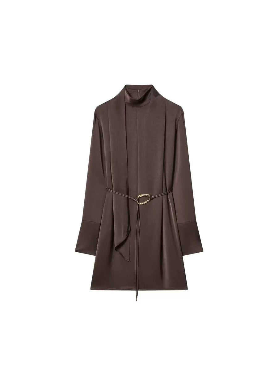 Mocha satin high-neck mini dress with rope belt by Exclusives