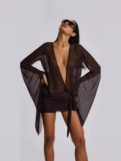 Dusk Till Dawn Sheer Plunge Mini Dress by Exclusives, black with plunge neckline and cape sleeves