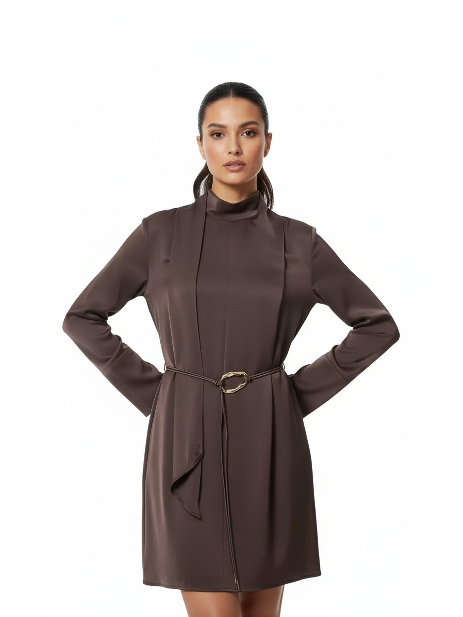 Mocha satin high-neck mini dress with rope belt by Exclusives, on sale.