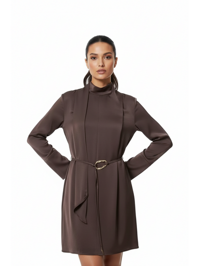 Mocha satin high-neck mini dress with rope belt by Exclusives, on sale.