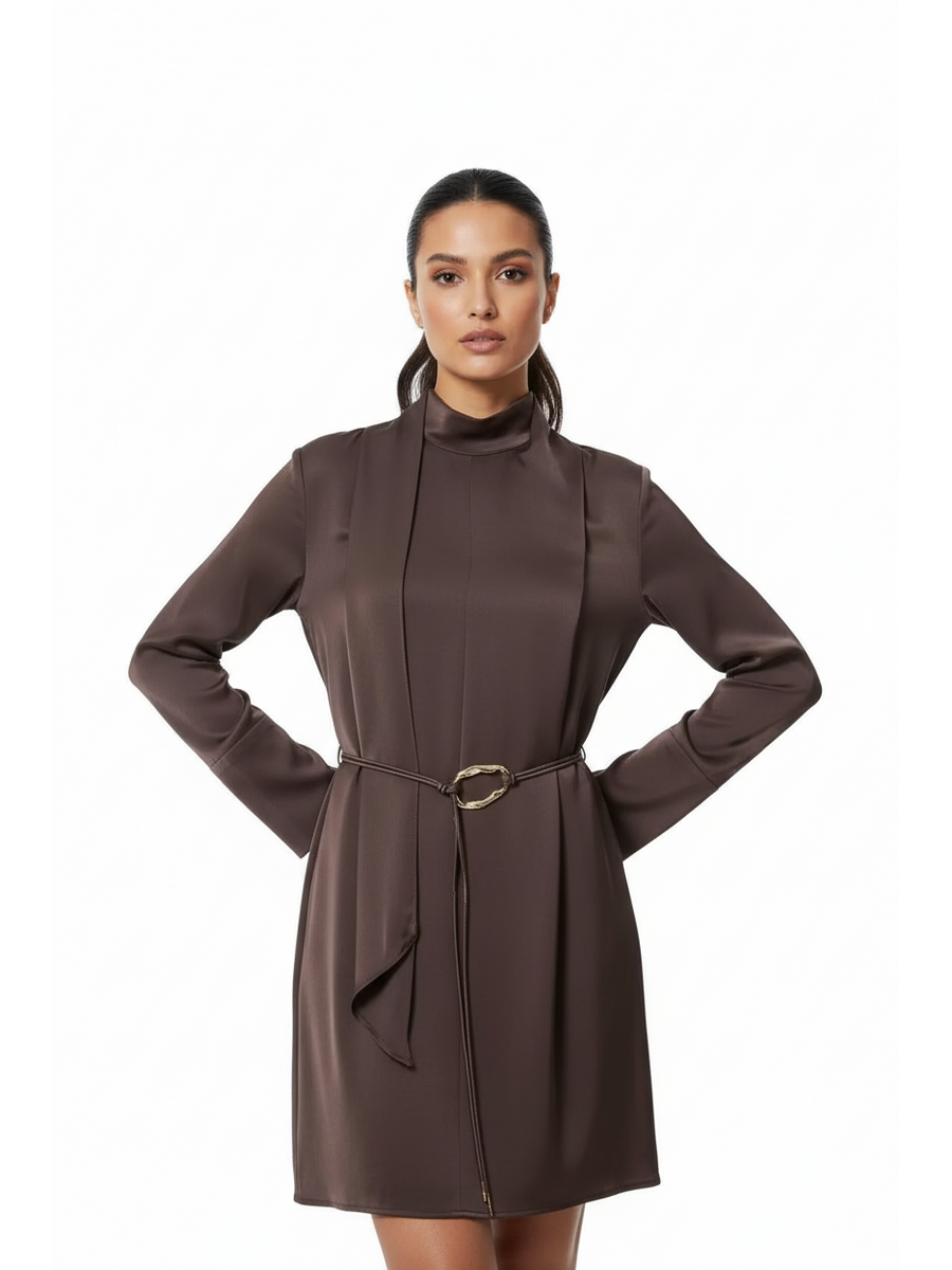 Mocha Satin High‑Neck Mini Dress with Rope Belt