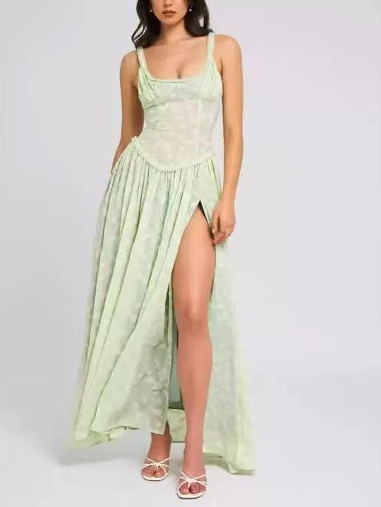 Pearl Beaded Square Neck Jacquard Textured High Slit Maxi Dress