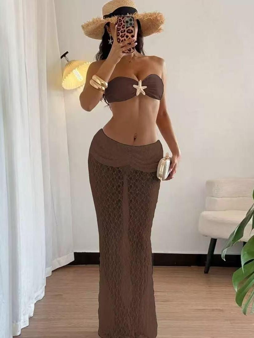Starfish Bandeau Bikini & Sheer Crochet Maxi Skirt Set