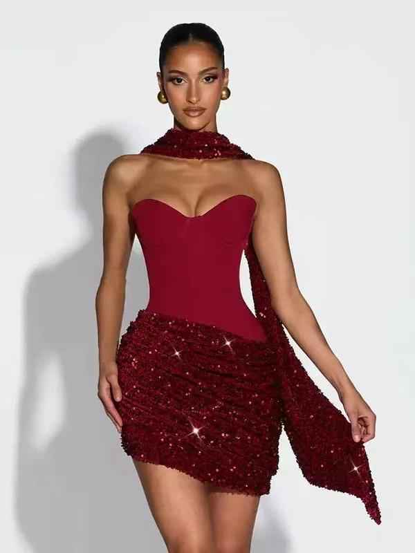 Crystal Ruched Corset Mini Dress with Scarf