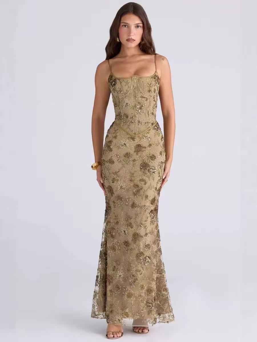 Embroidered Corset Mermaid Maxi Dress
