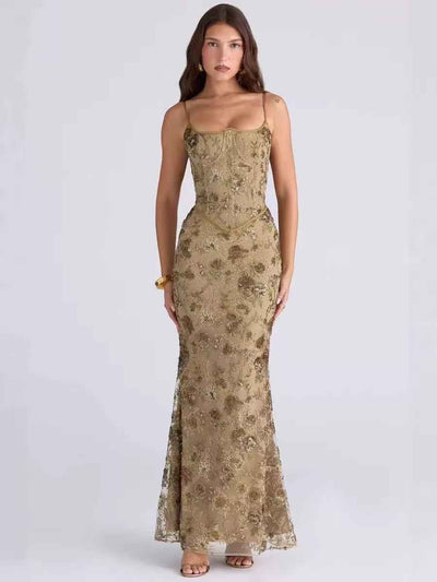 Embroidered Corset Mermaid Maxi Dress
