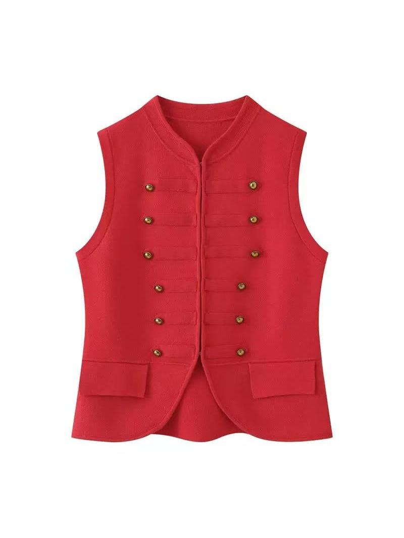 Regal Brass Button Vest Top, red sleeveless vest with brass buttons by Exclusives.