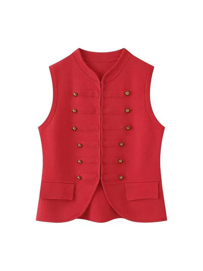 Regal Brass Button Vest Top, red sleeveless vest with brass buttons by Exclusives.