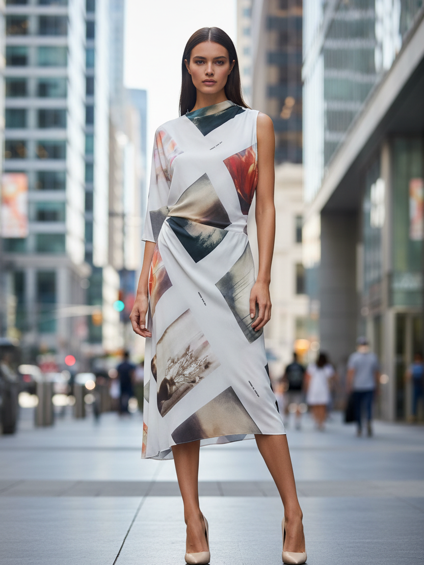 Vintage Print Asymmetric One Sleeve Maxi Dress, white base with colorful geometric prints, one-sleeve silhouette.