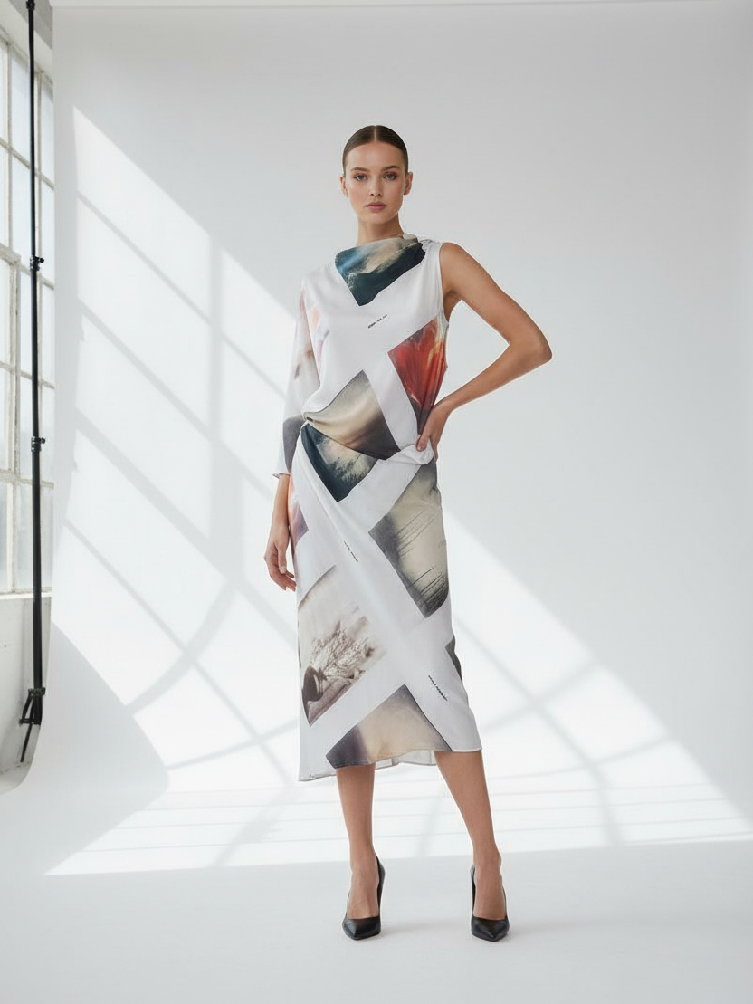 Vintage Print Asymmetric One-Sleeve Maxi Dress, with white base and multicolor abstract print, on sale